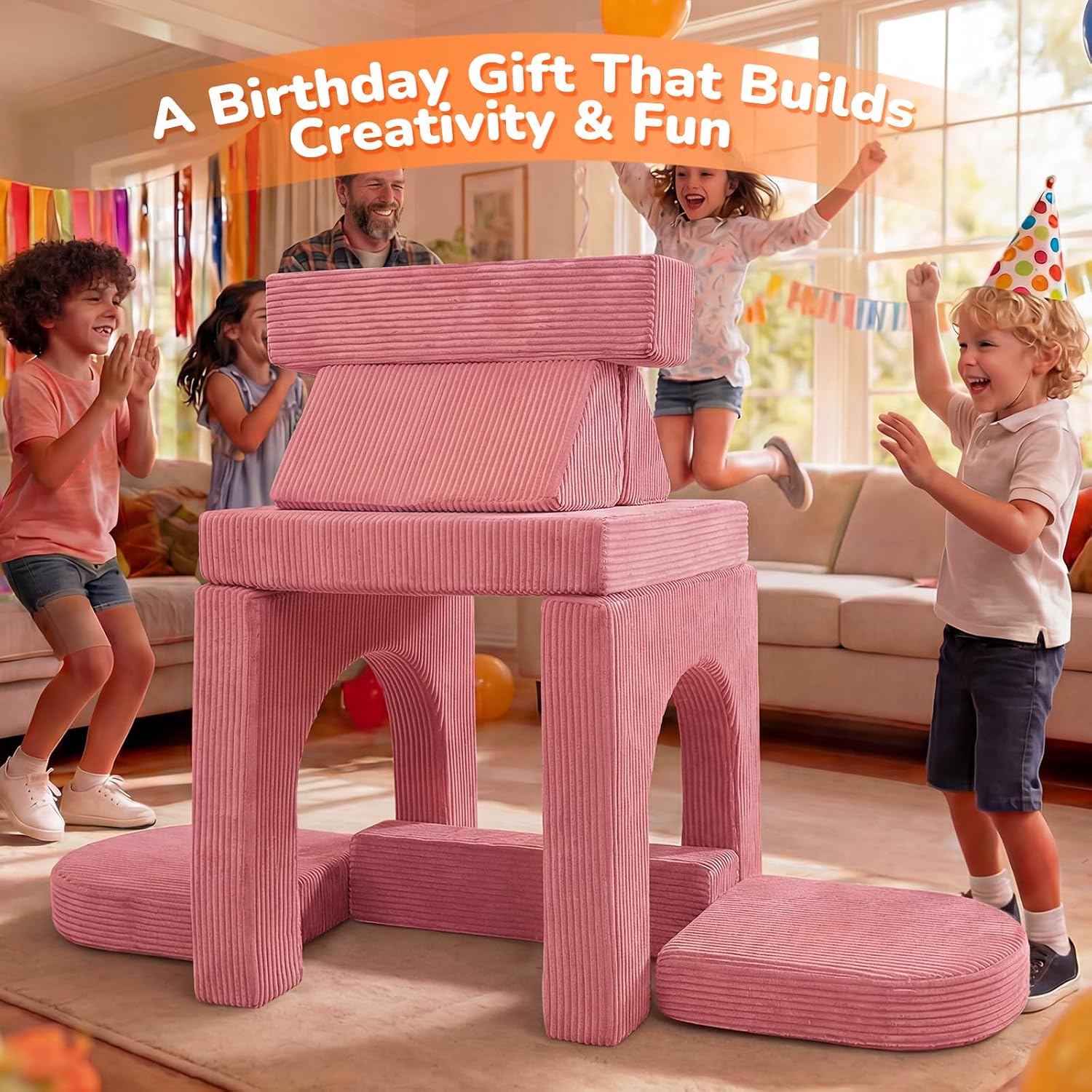 10-piece Modular Play Couch, Pink Corduroy