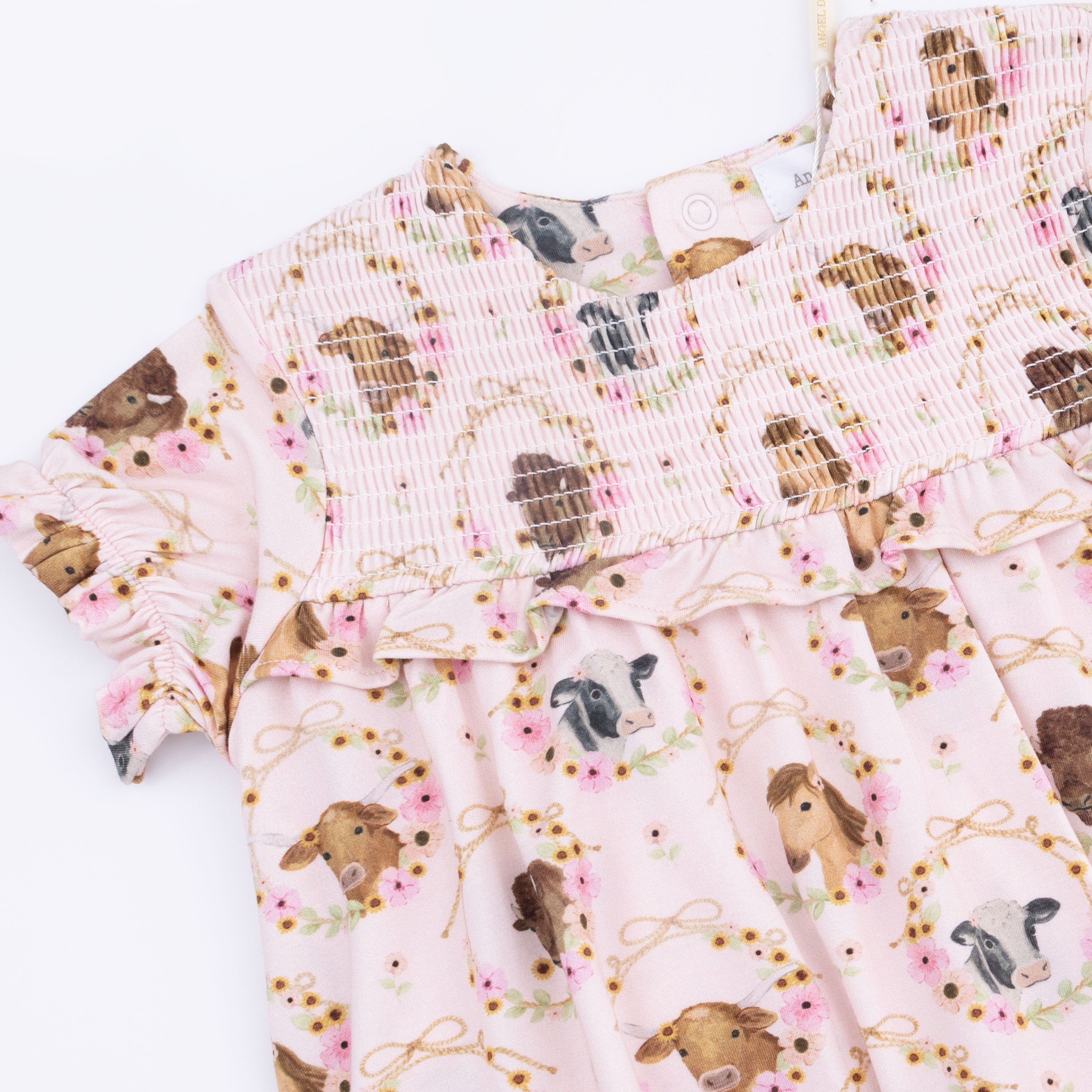 Farm Animals Floral Cameos Pink - Smocked Ruffle Bubble With Skirt