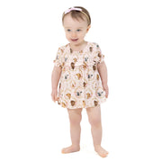 Farm Animals Floral Cameos Pink - Smocked Ruffle Bubble With Skirt