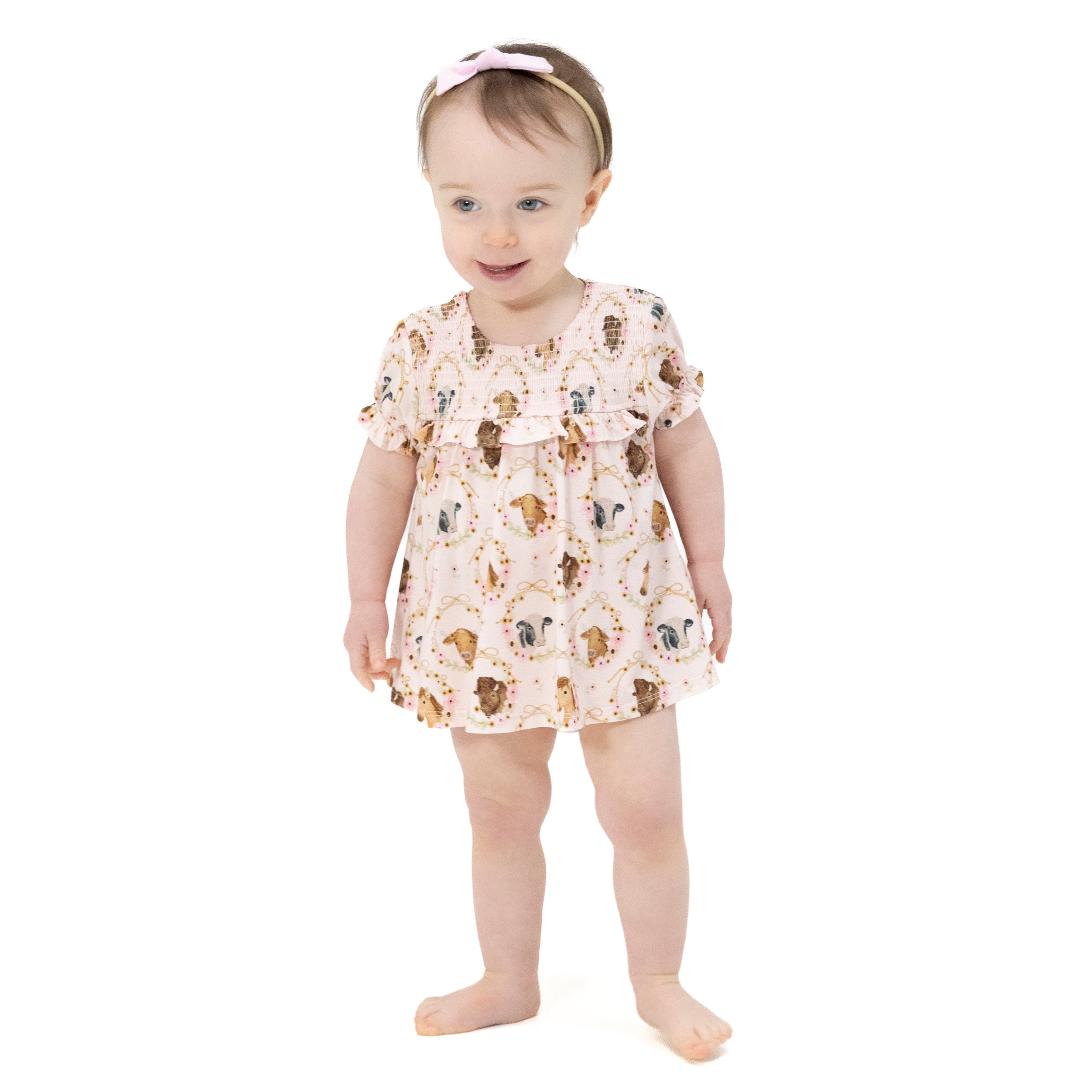 Farm Animals Floral Cameos Pink - Smocked Ruffle Bubble With Skirt