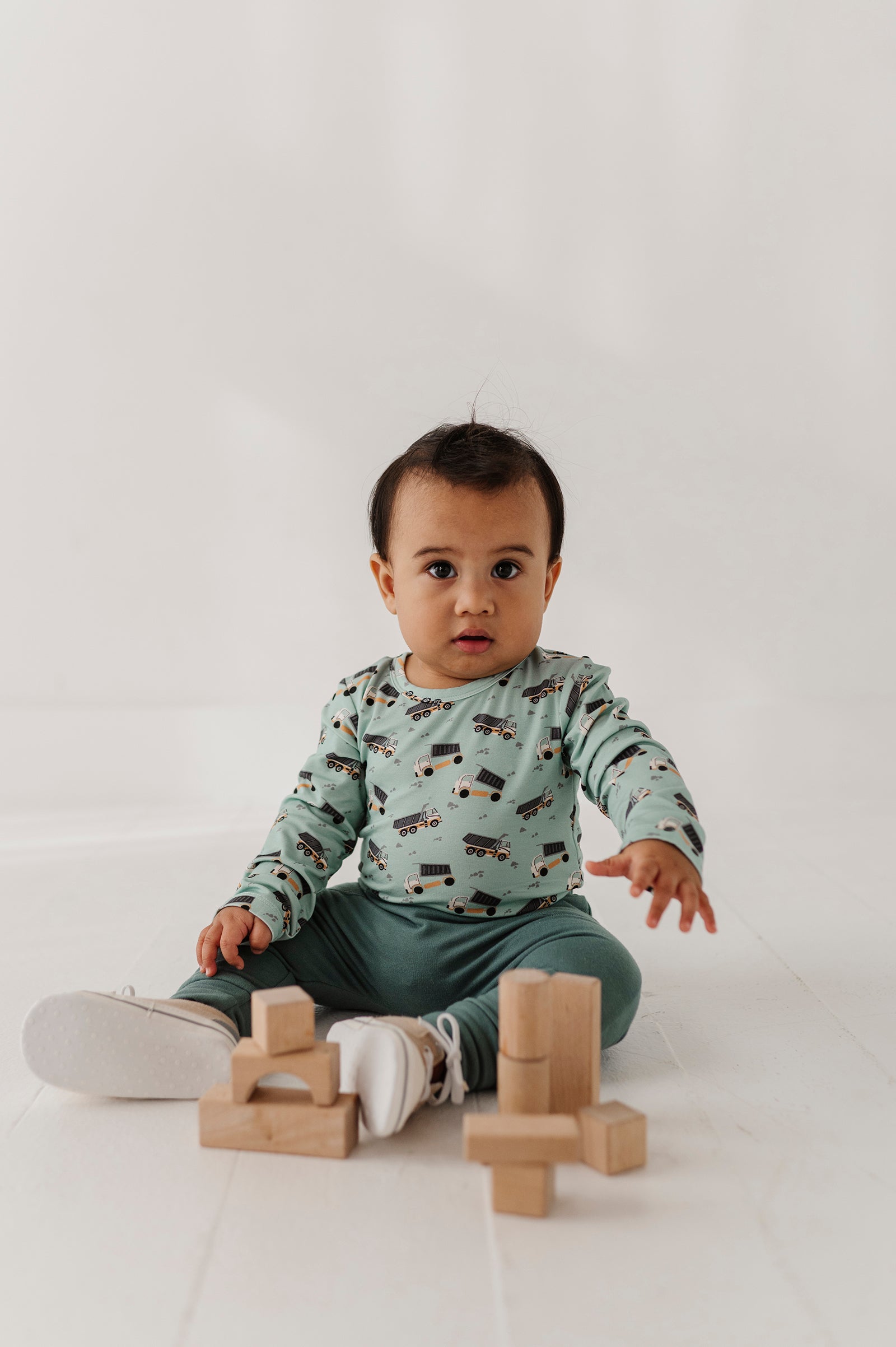 Baby Boy Long Sleeve Bodysuit In Dump Trucks