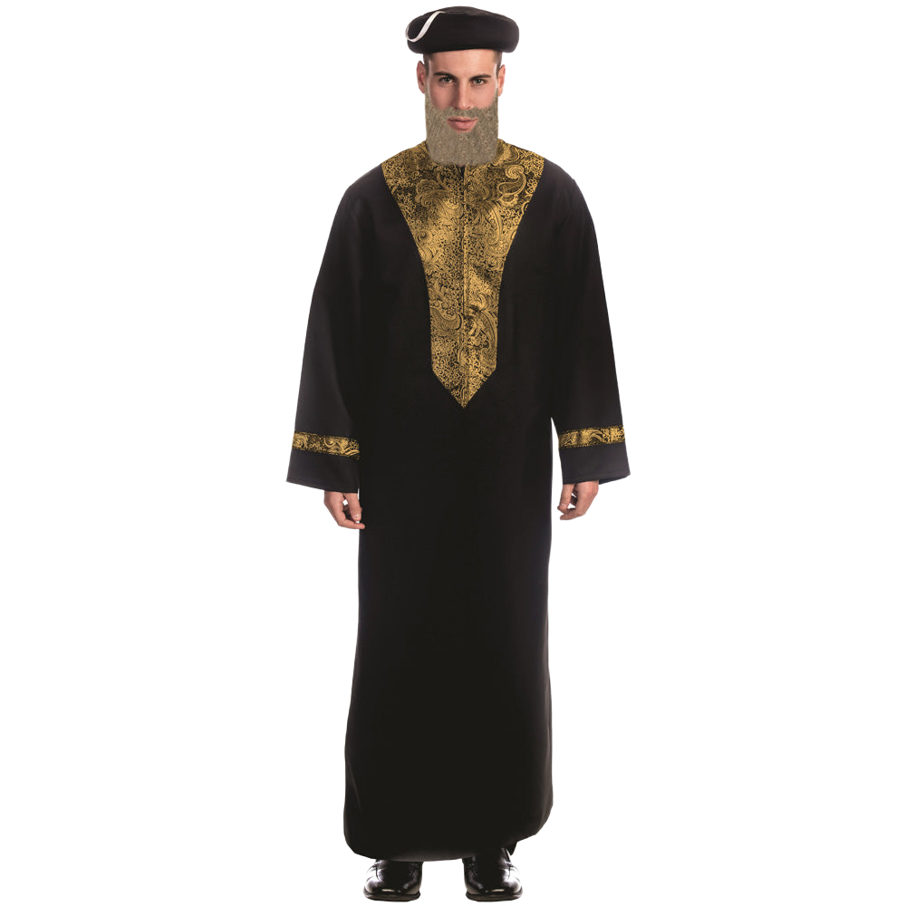 Adult Sephardic Rabbi Costume – Black Robe, Gold Trim
