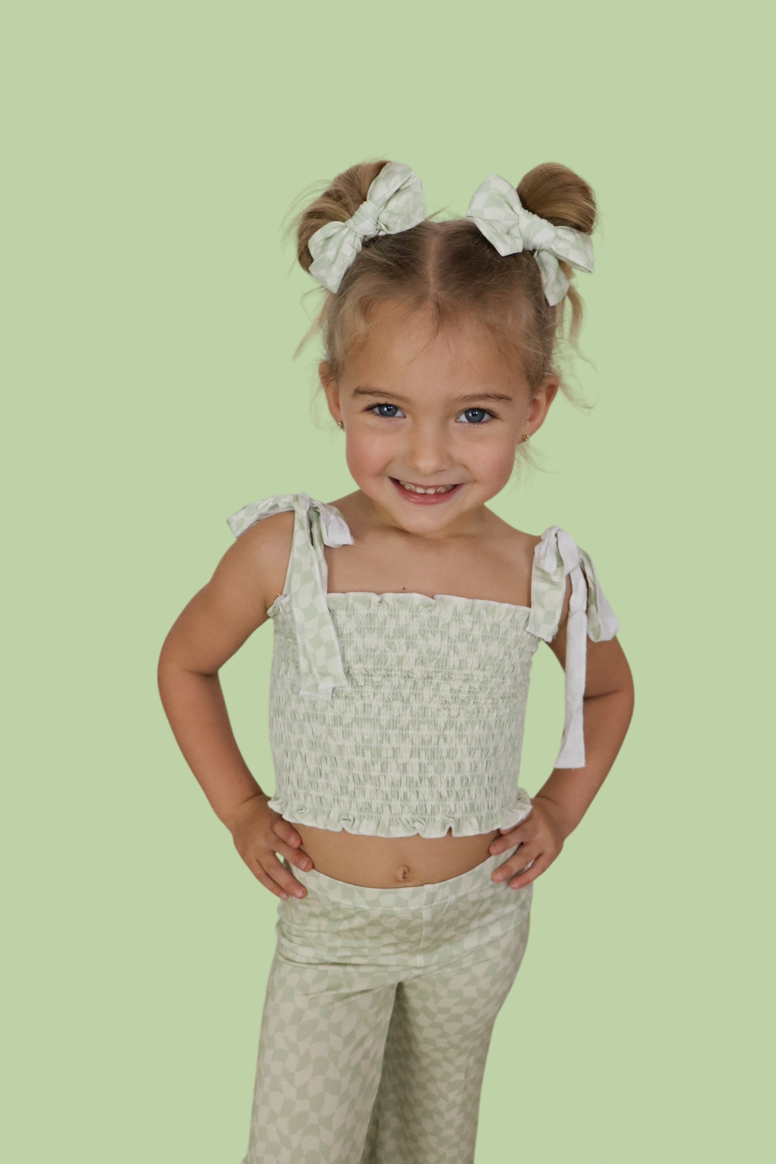 Sage Wavy Checkers Dream Smocked Flare Set