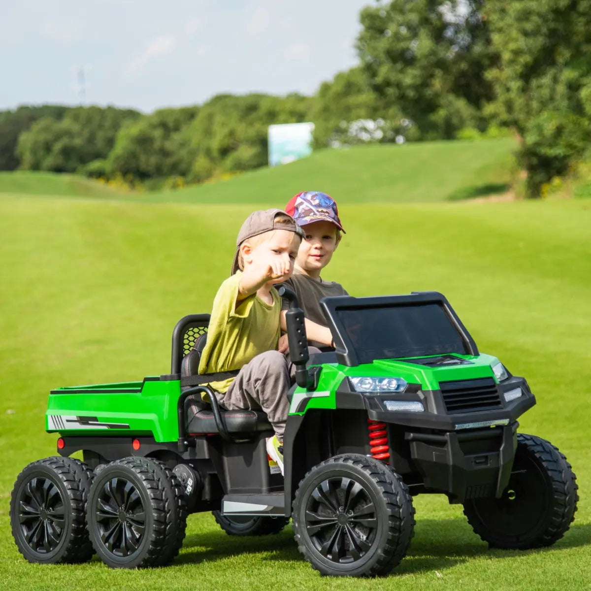 24v 6 Wheeler Freddo Tractor Trailer 2 Seater Ride-on With Dump Cart And Parental Remote