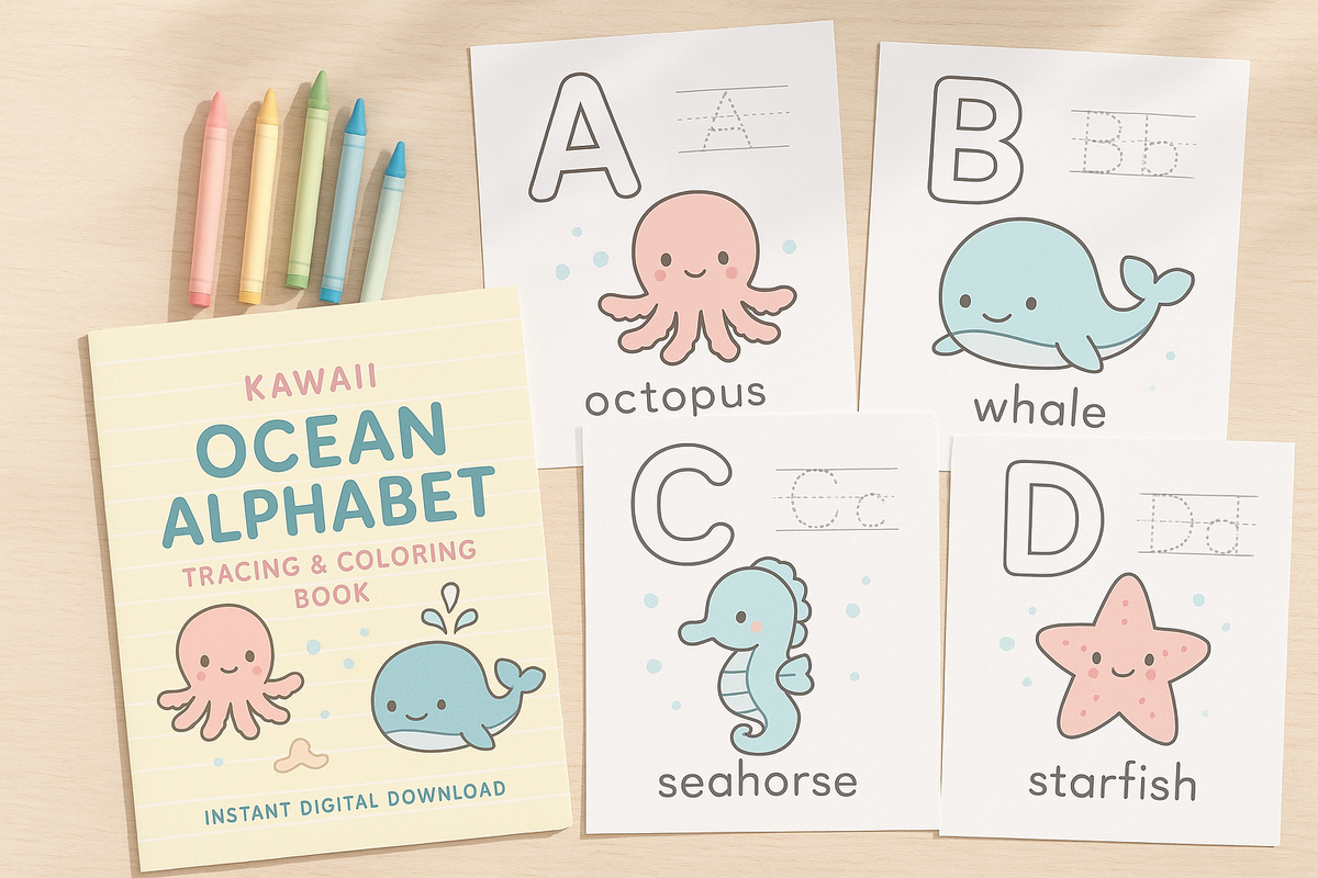 Kawaii Ocean Alphabet Tracing & Coloring Book | Digital Download Pdf