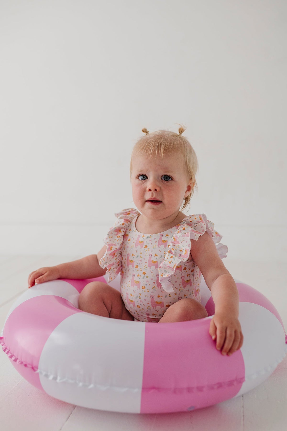 Baby Girl Ruffle Sleeve Cross Back Swimsuit In Llamas