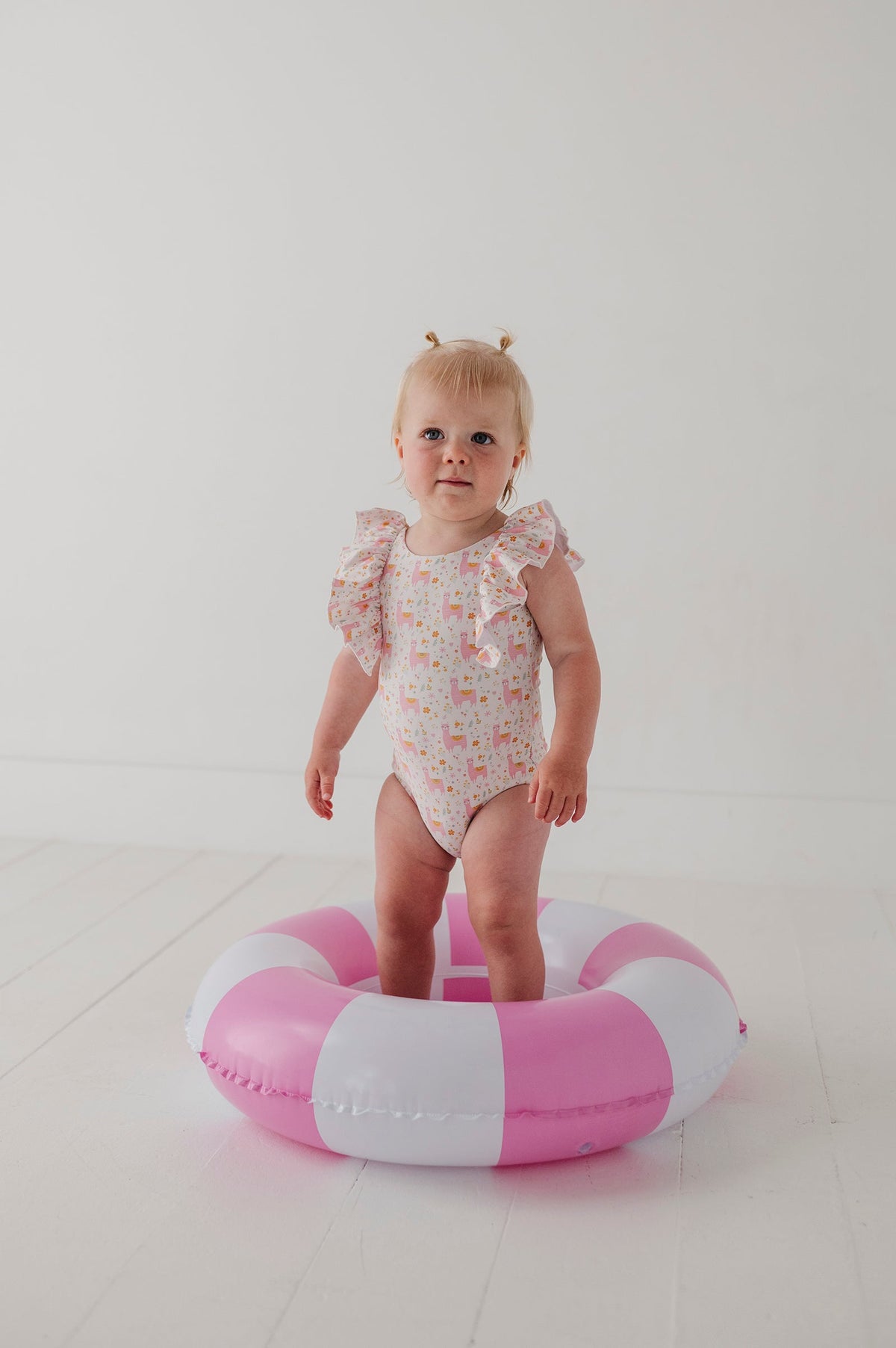 Baby Girl Ruffle Sleeve Cross Back Swimsuit In Llamas