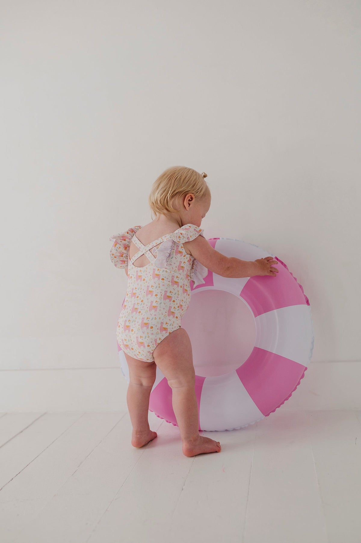 Baby Girl Ruffle Sleeve Cross Back Swimsuit In Llamas
