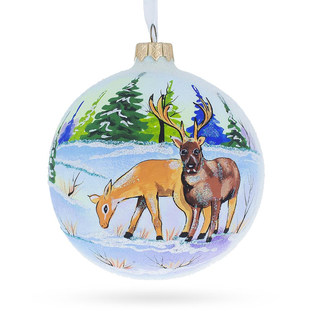 Majestic Deer In Winter Forest Blown Glass Ball Christmas Ornament 4 Inches