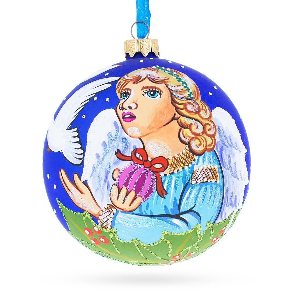 Harmonious Angel With Peace Pigeons Blown Glass Ball Christmas Ornament 4 Inches