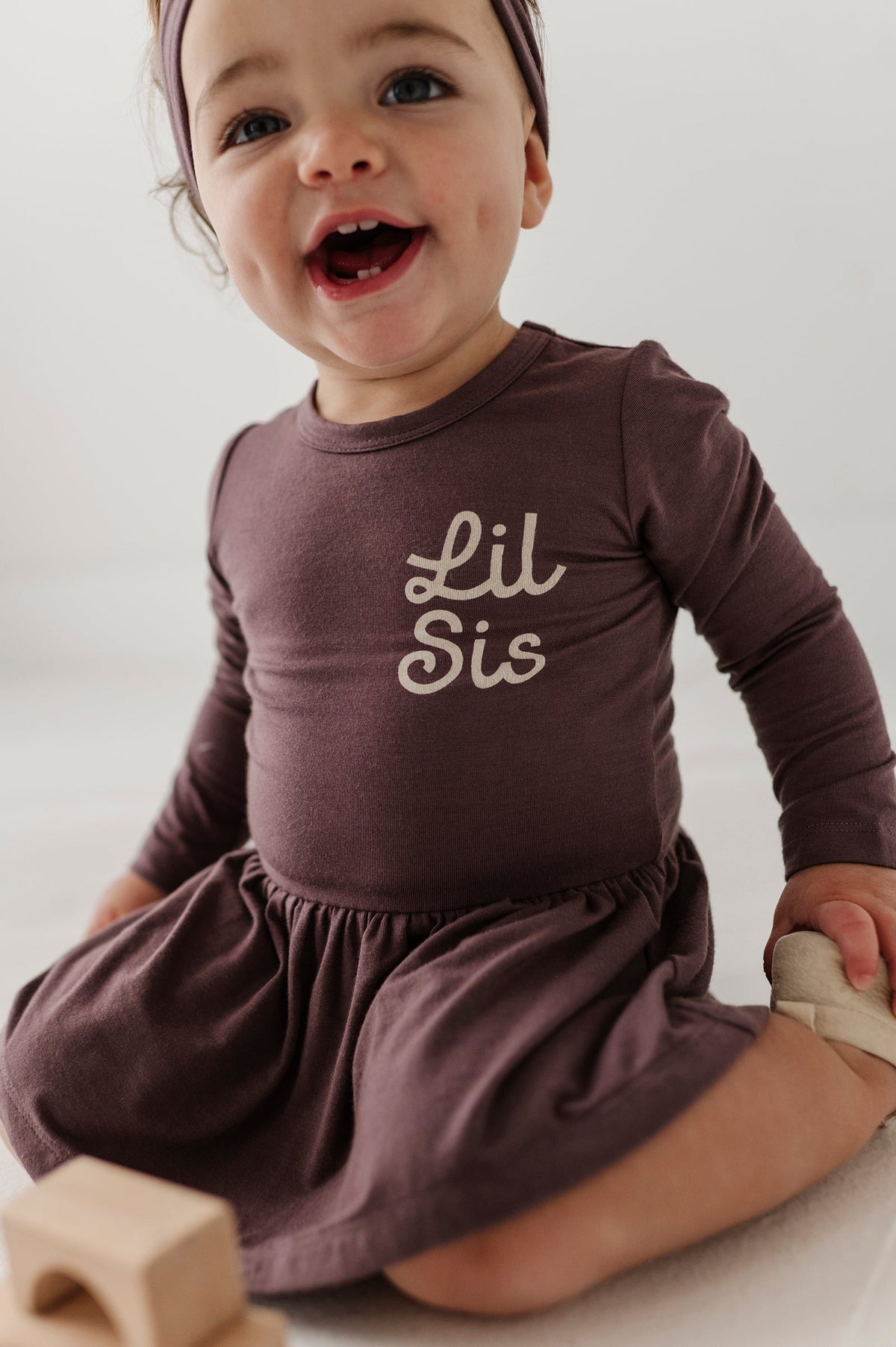 Baby Girl Long Sleeve Bodysuit Dress Set In Lil Sis In Plum