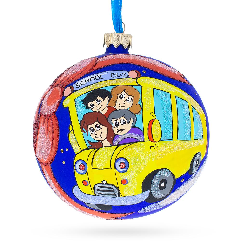 Cheerful Yellow School Bus Blown Glass Ball Christmas Ornament 4 Inches