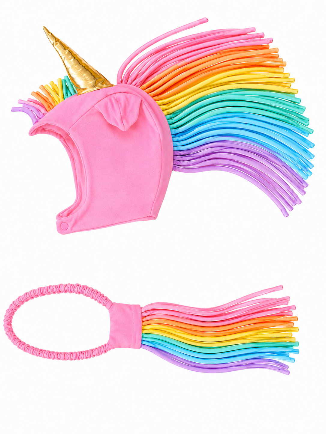 Pink Stardancer Unicorn Hat + Tail Set · Rainbow Mane With Gold Horn