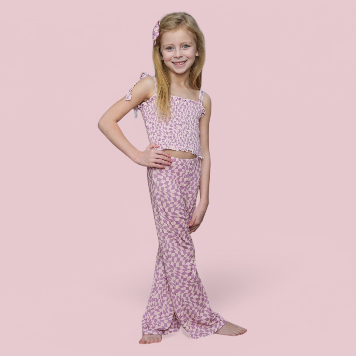 Plum Wavy Checkers Dream Smocked Flare Set