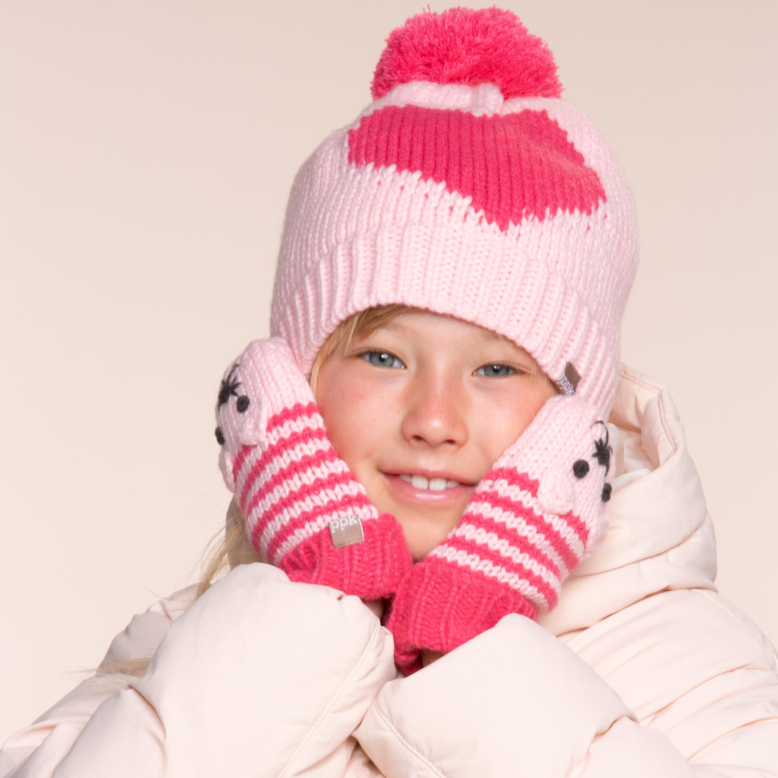 Heart Design Winter Hat Set With Cute Animal Mittens For Girls 1-6 Years, Fleece-lined For Comfort