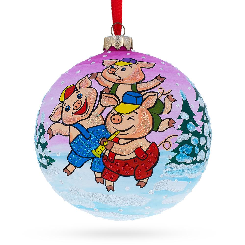 Whimsical Three Little Pigs Blown Glass Ball Christmas Ornament 4 Inches