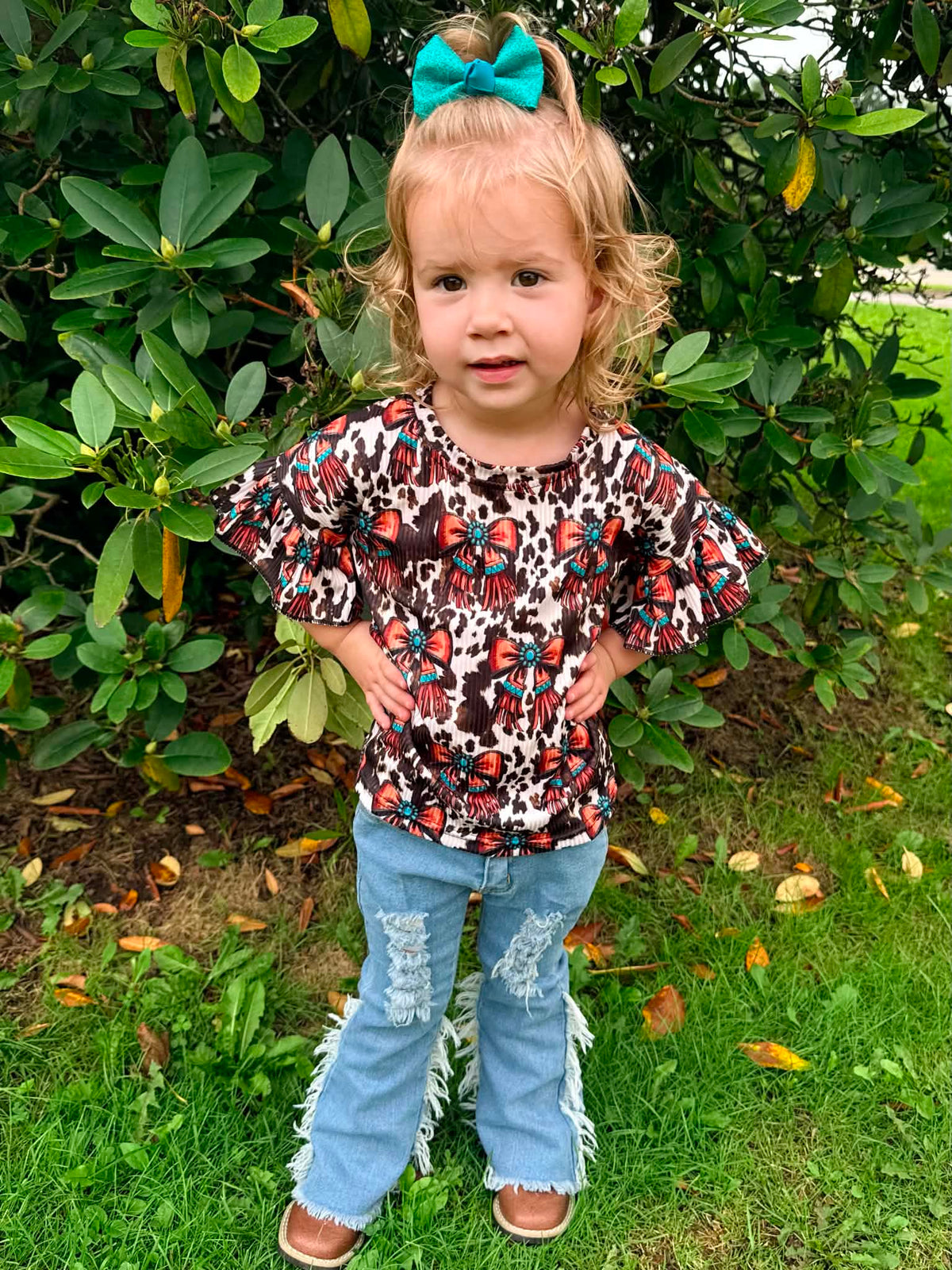 Western Bow Ribbed Ruffle Top