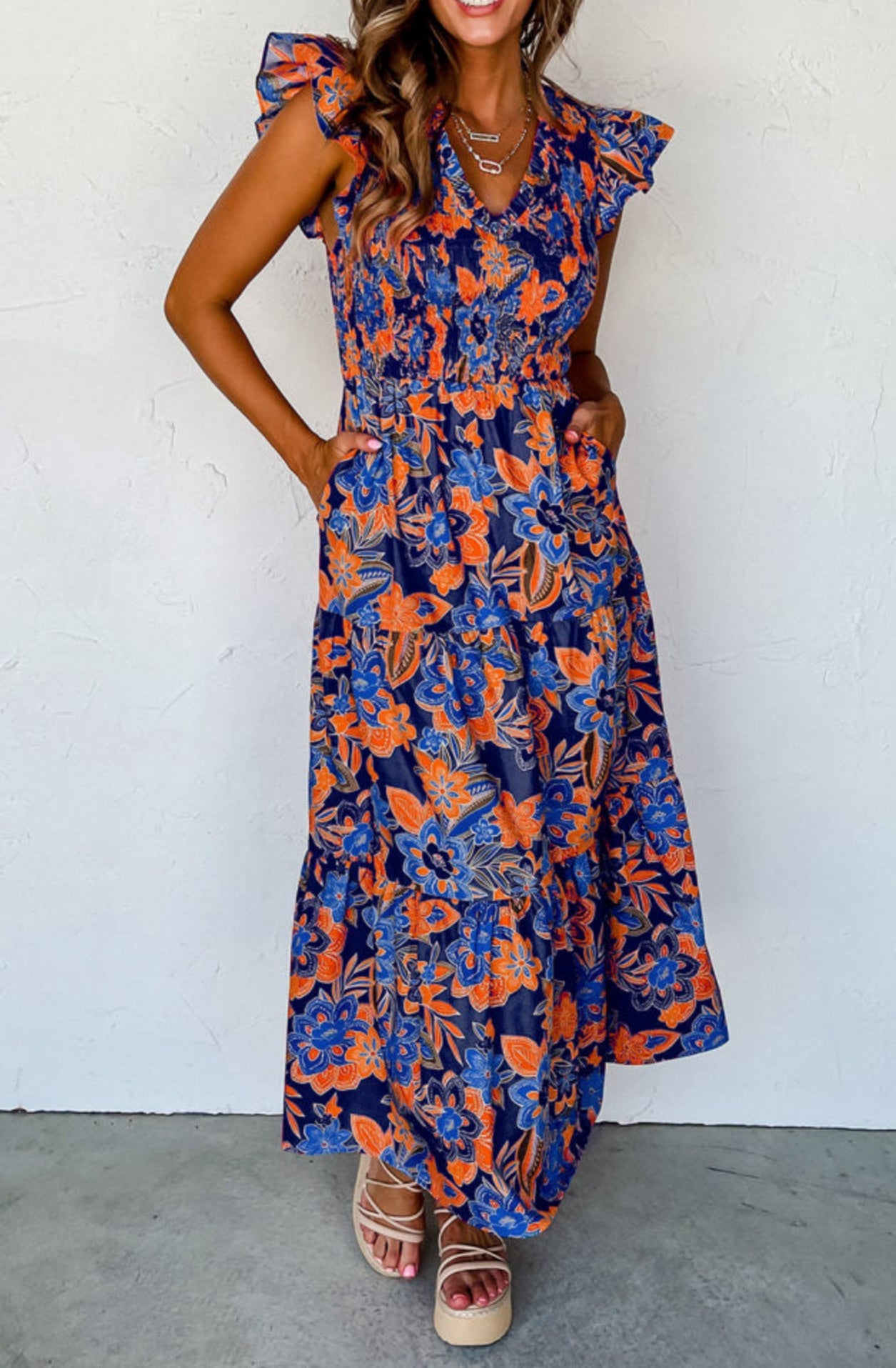 Dark Blue Boho Floral V Neck Ruffle Tiered Long Dress