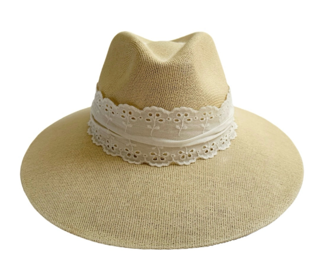 Orchid Sun Hat - Ivory Vintage Lace Eyelet Ribbon