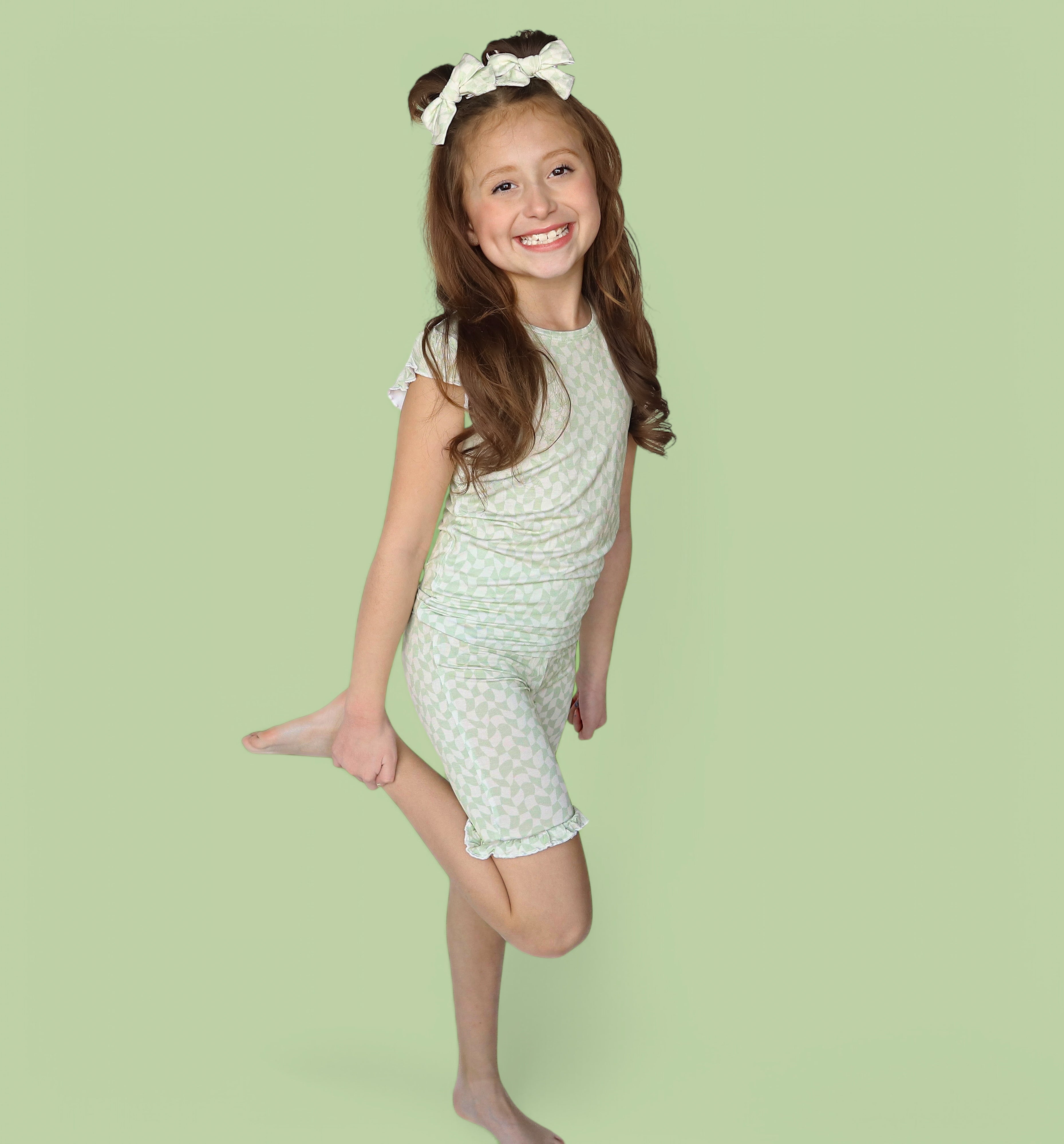 Sage Wavy Checkers Dream Ruffle Short Set