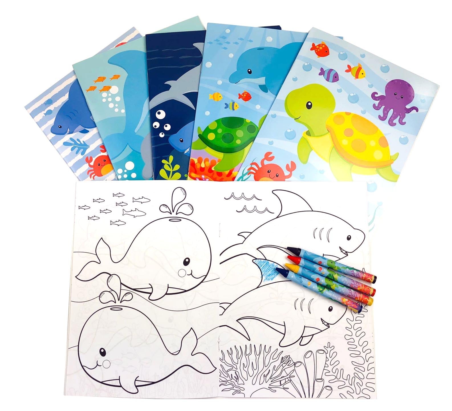 Sea Life Ocean Animals Coloring Books With Crayons Party Favors - Set Of 6 Or 12