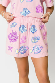 Under The Sea Terry Cloth Shorts - Light Pink