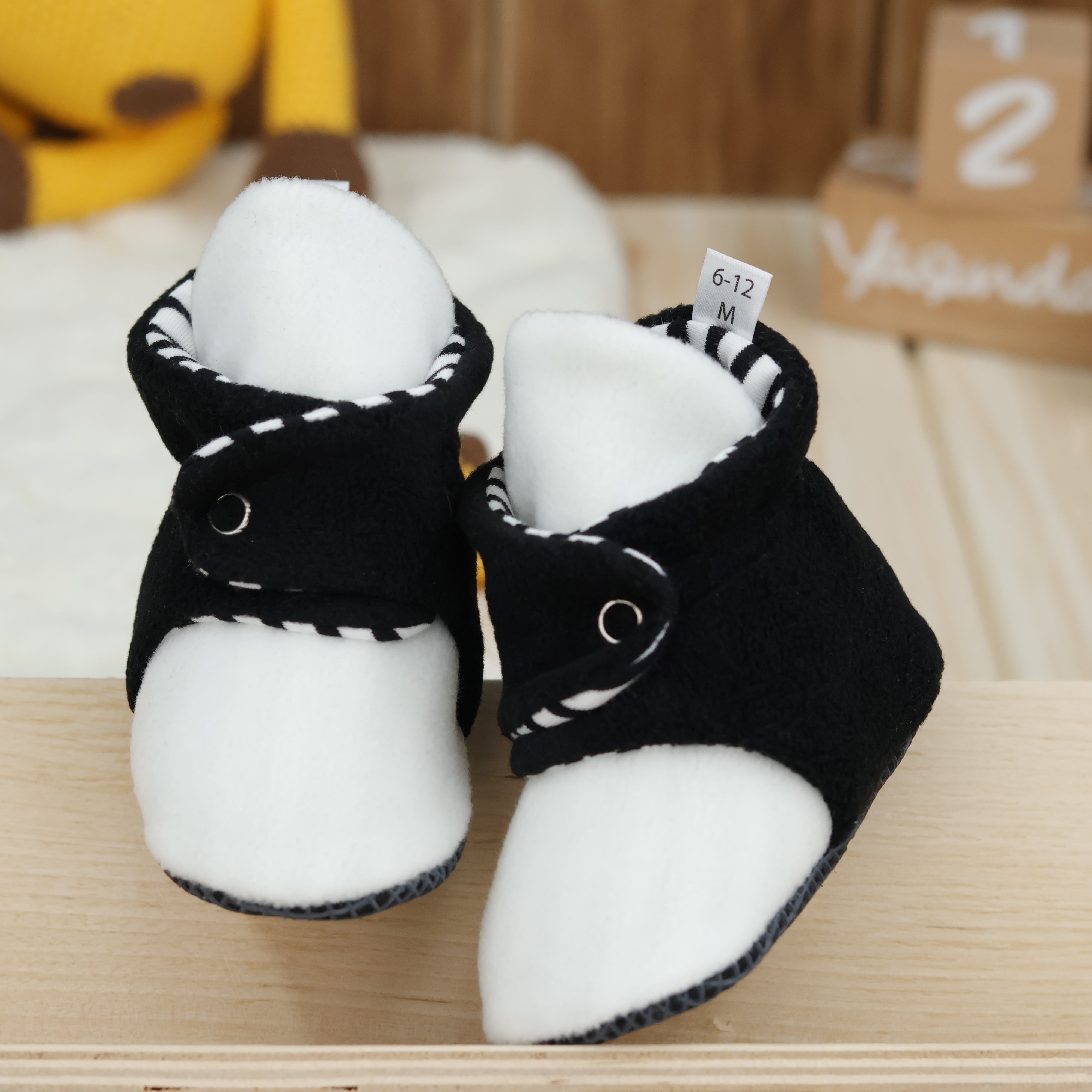 Anti-slip Sole, Fleece Baby Booties, Newborn Home Booties, Sweat Proof Organic Cotton Lining, Black White