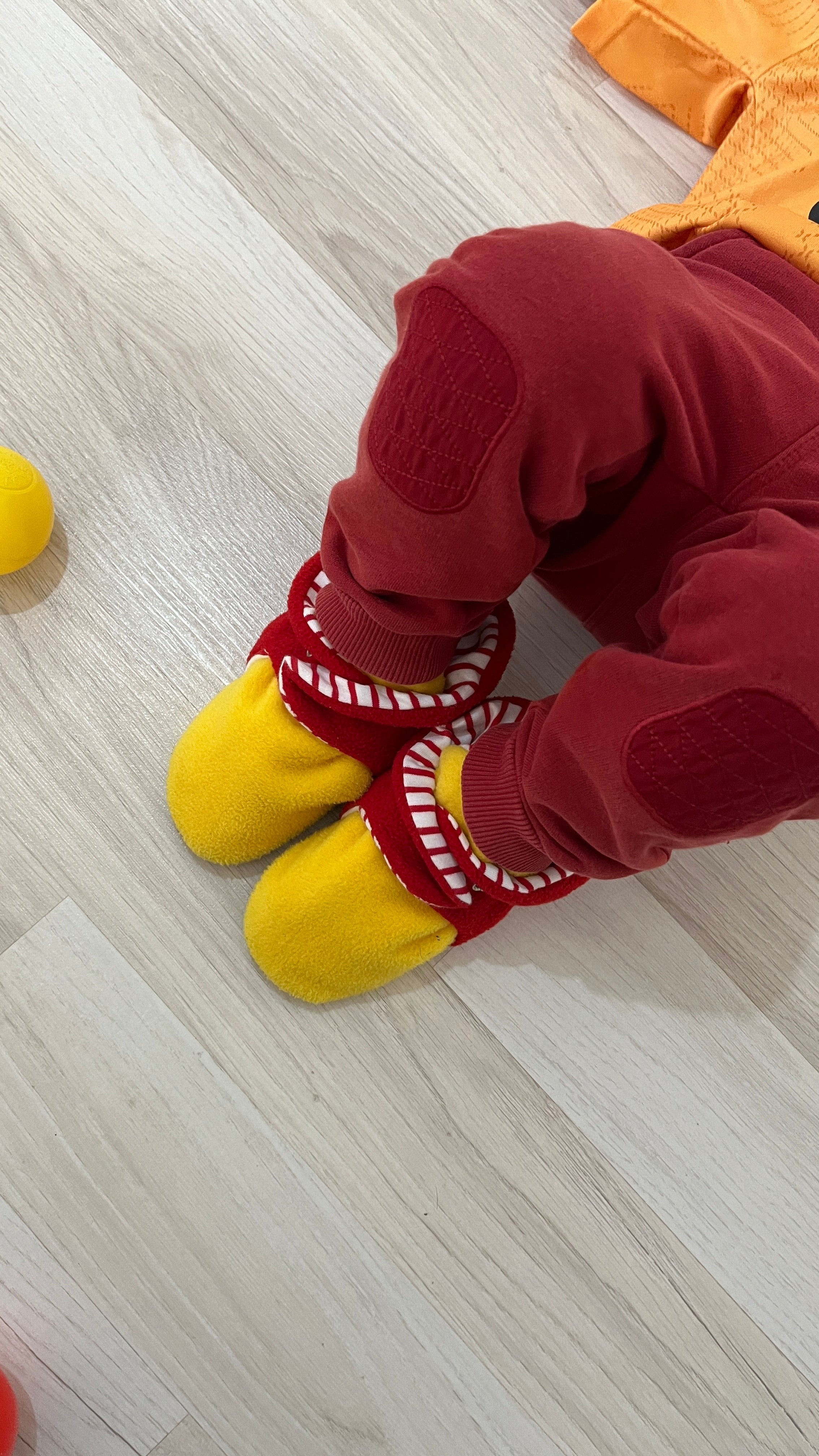 Anti-slip Sole, Fleece Baby Booties, Newborn Home Booties, Sweat Proof Organic Cotton Lining, Yellow Red