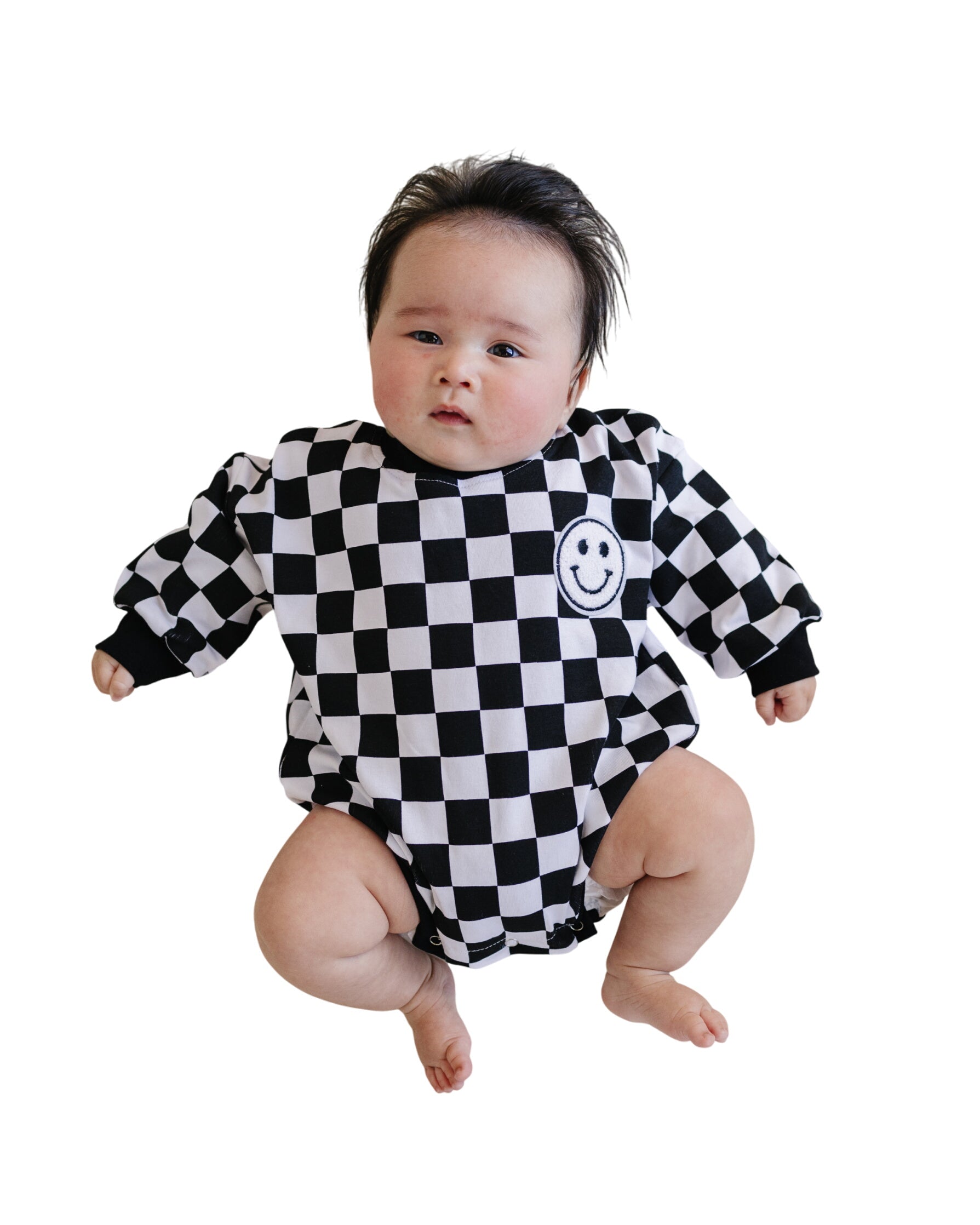 Bubble Romper | Checkered Smiley Black