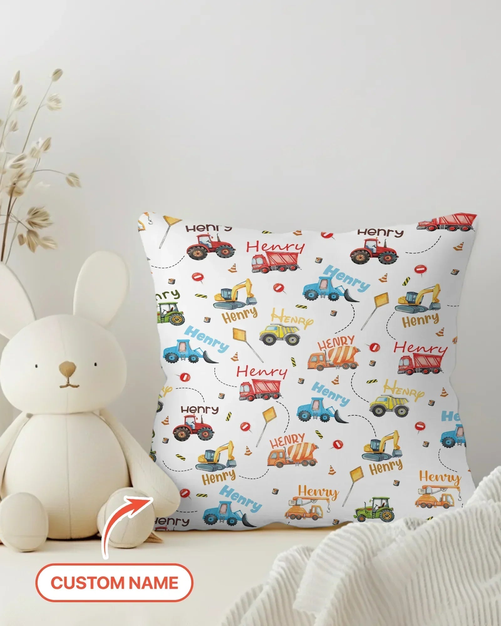 Construction Vehicles Custom Name Bamboo Pillow Case