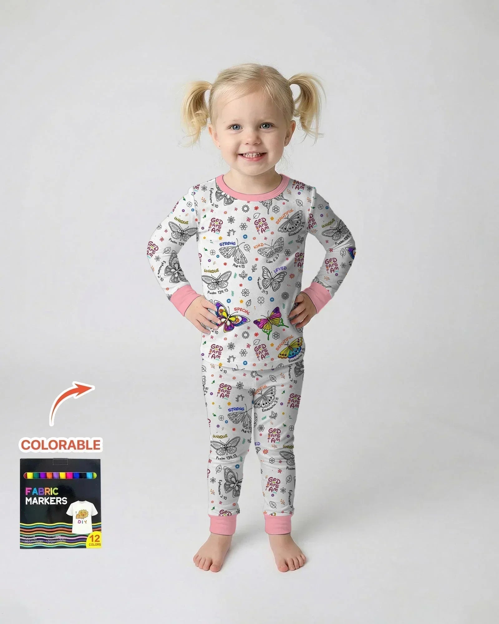 Colorable God Says I Am Butterfly Bamboo Two Piece Long Sleeve Pajama Set