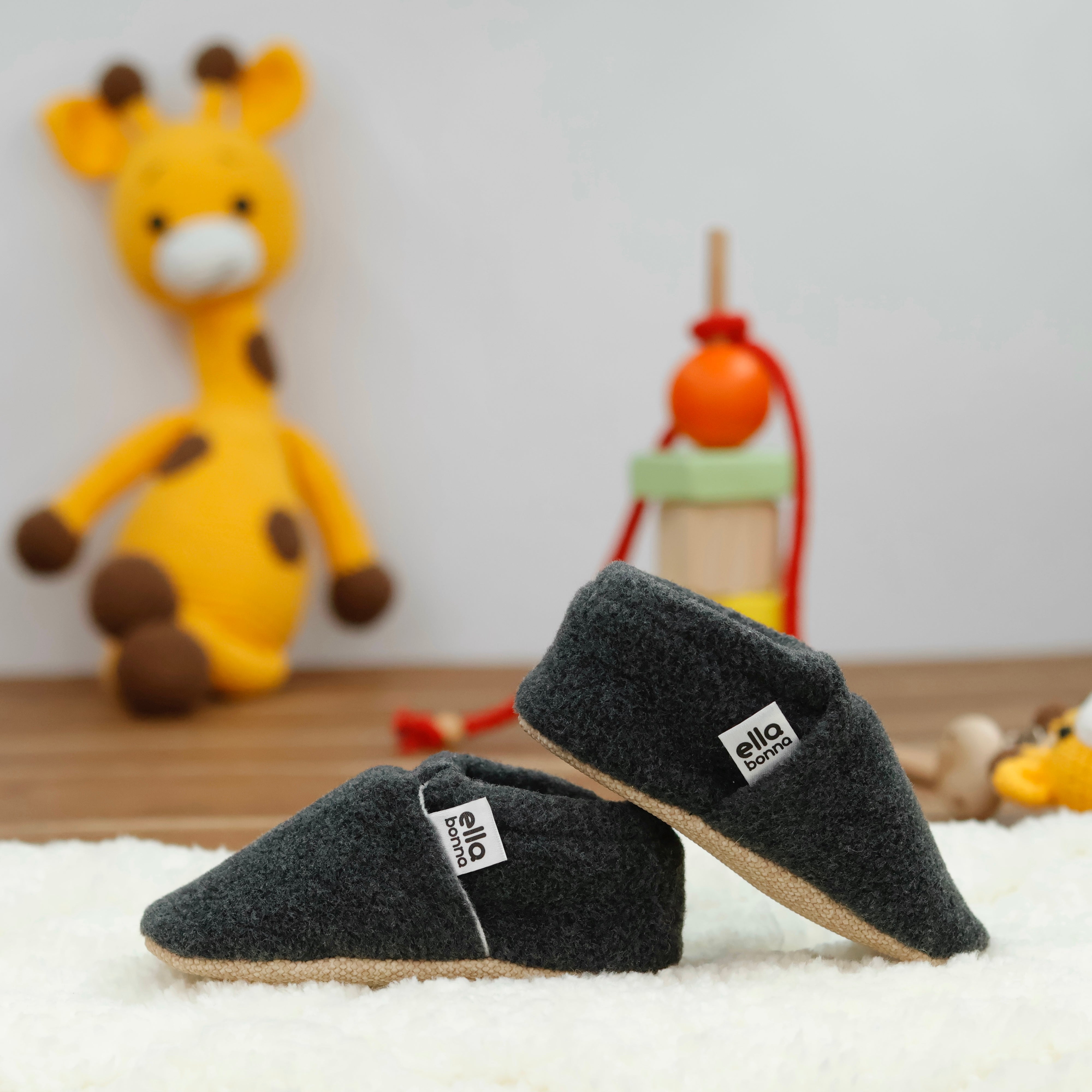 Fleece Baby House Booties, Non-slip Sole, Organic Cotton Lining, Anthracite