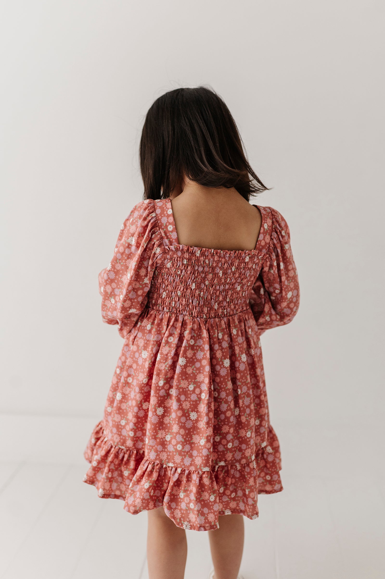Girls Long Sleeve Viscose Dress In Tiny Petals