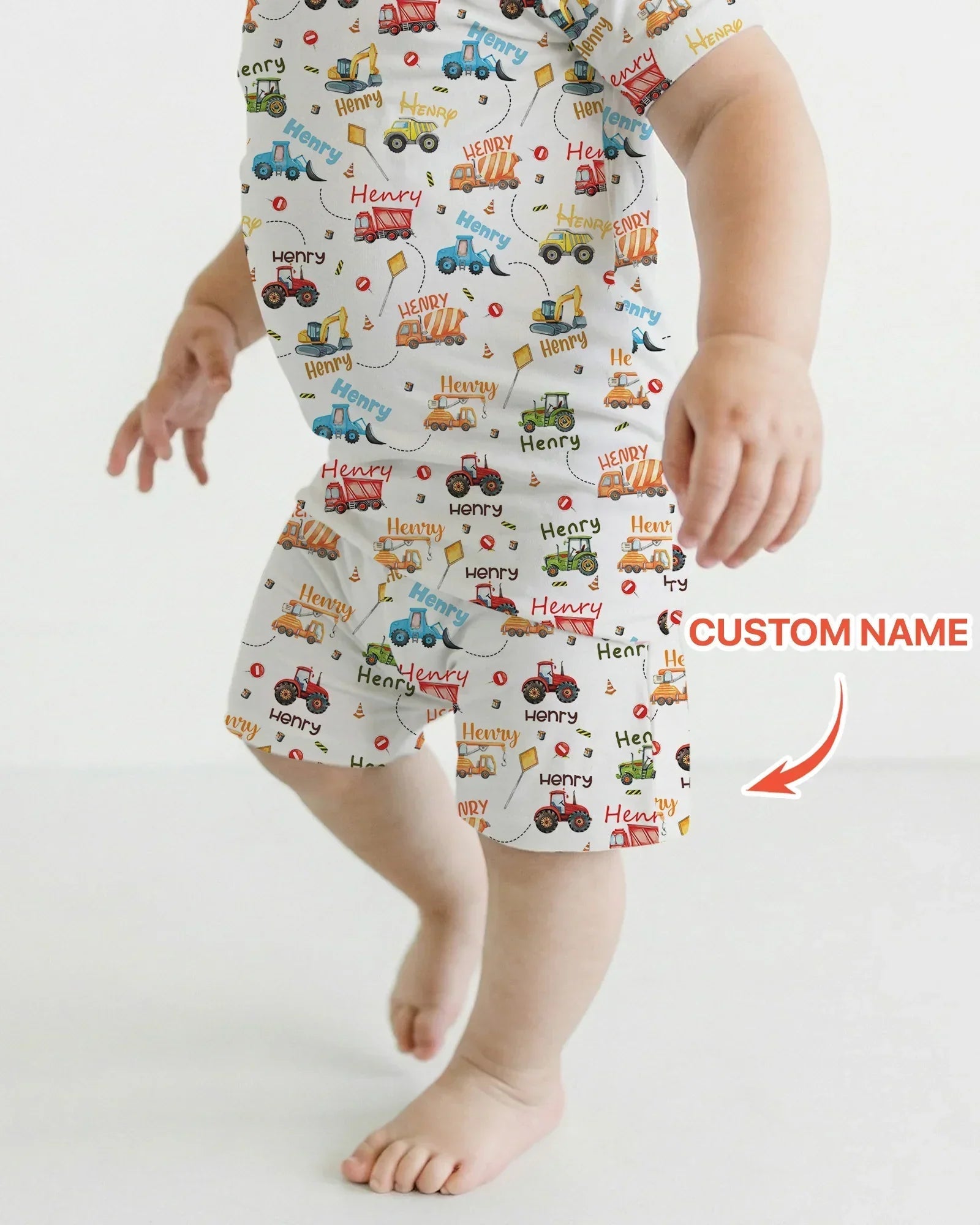 Construction Vehicles Custom Name Bamboo Two Piece Short Sleeve Shorts Pajama Set