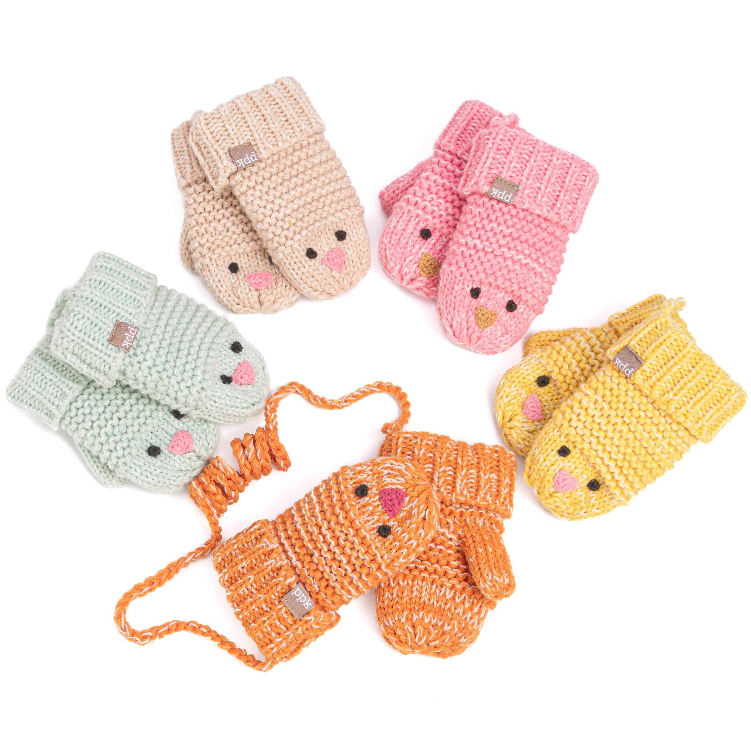 Knit Baby Chick Mittens With Cord-for Kids, Toddler Girls Age 1-6 Years, Cute Design
