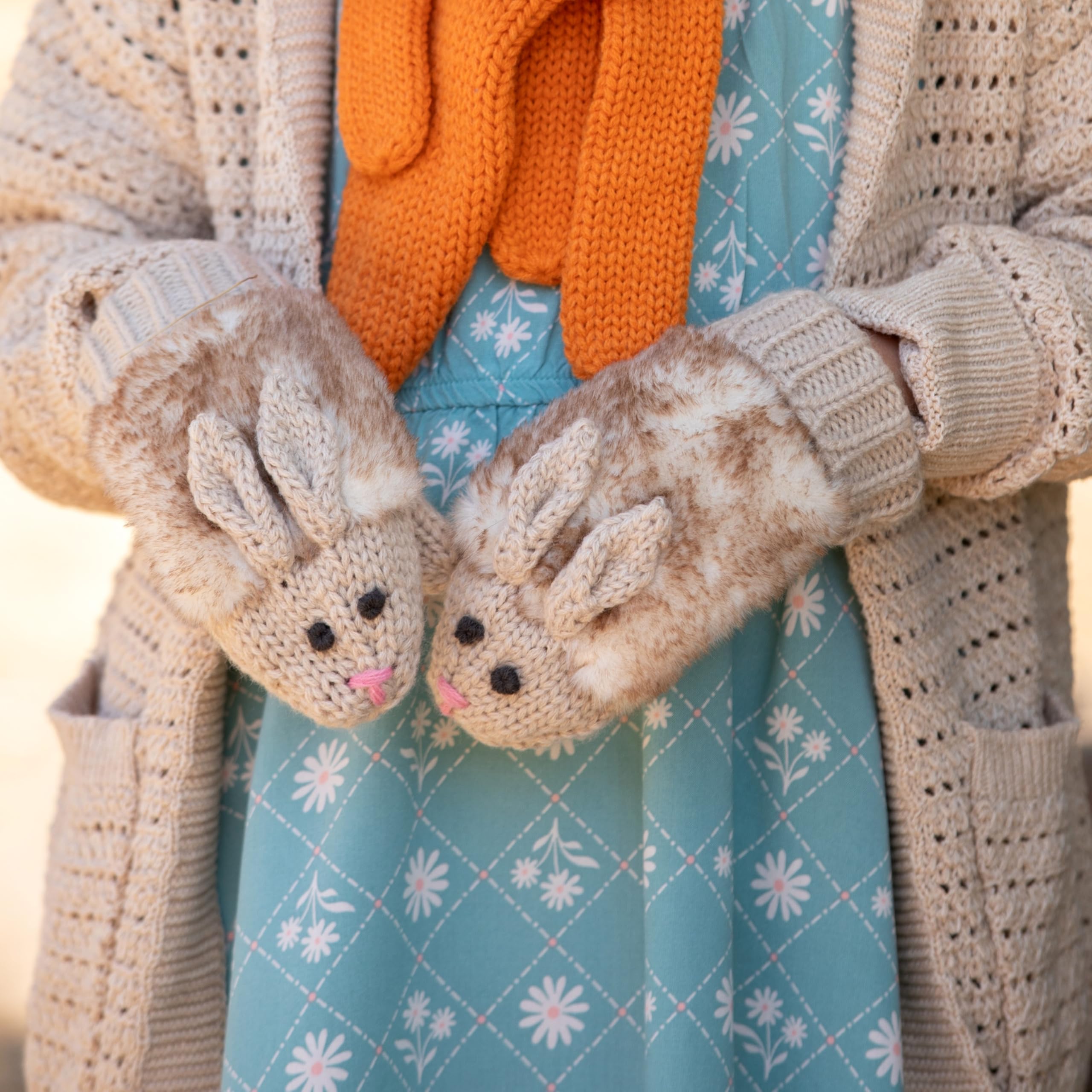 Warm Knit Winter Mittens For Girls Ages 3-12 Years, Double-layered, Fun Bunny Rabbit Design For Children, Toddler To Big Kids
