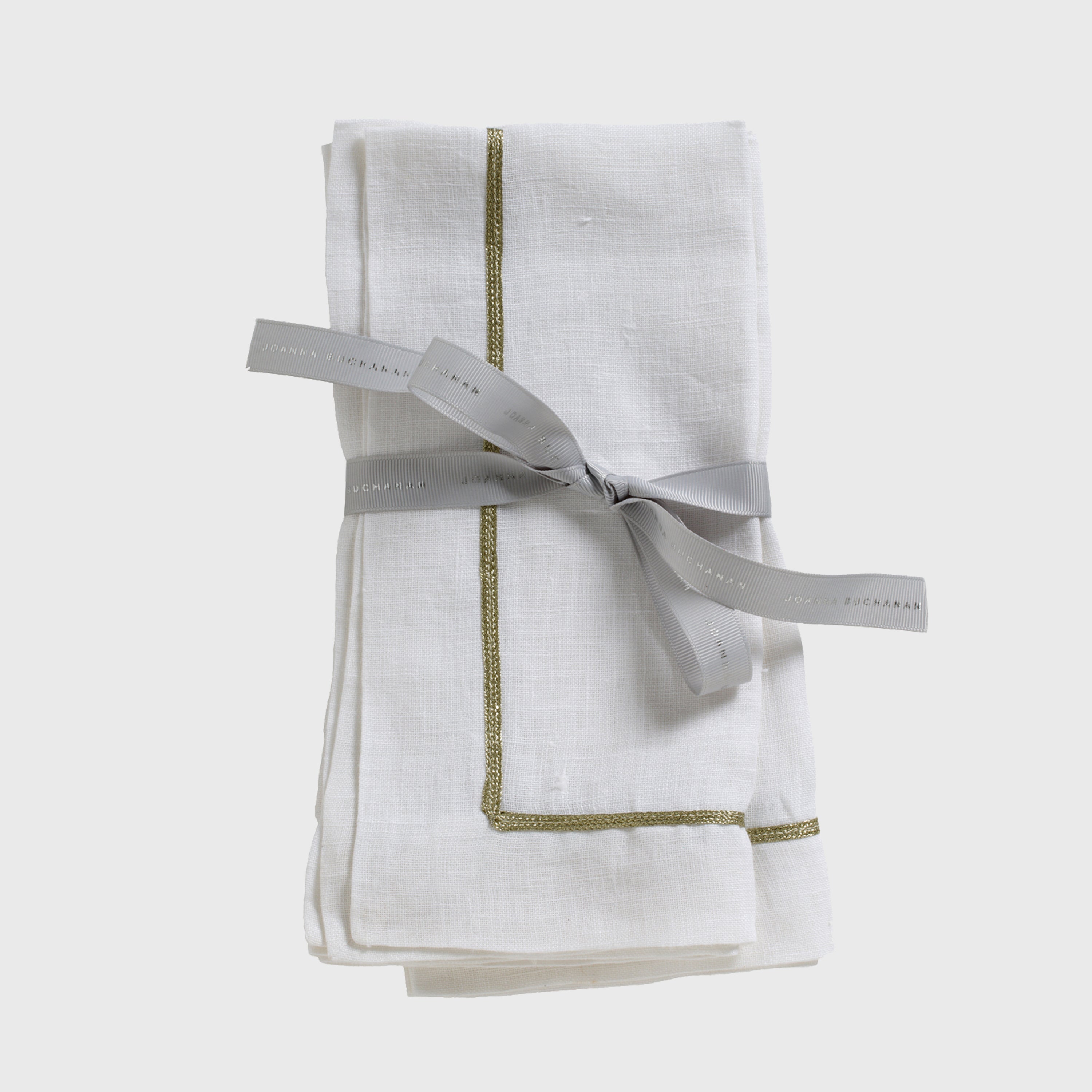 Gold Trim Linen Dinner Napkins, White, Set Of Two