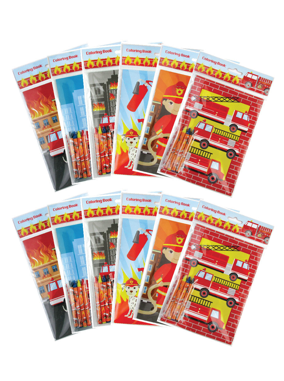 Fire Trucks Coloring Books With Crayons Party Favors- Set Of 6 Or 12