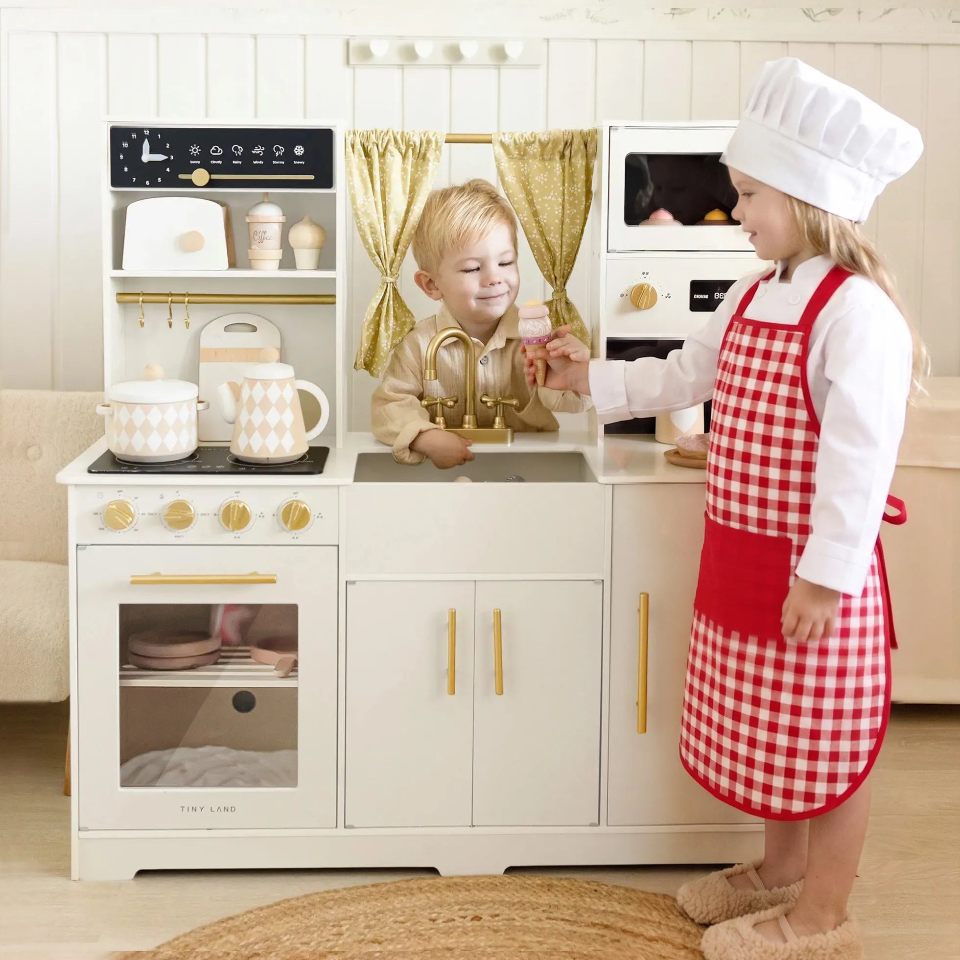 Tiny Land® Iconic Wooden Play Kitchen – Cream Pretend Cooking Set For Kids