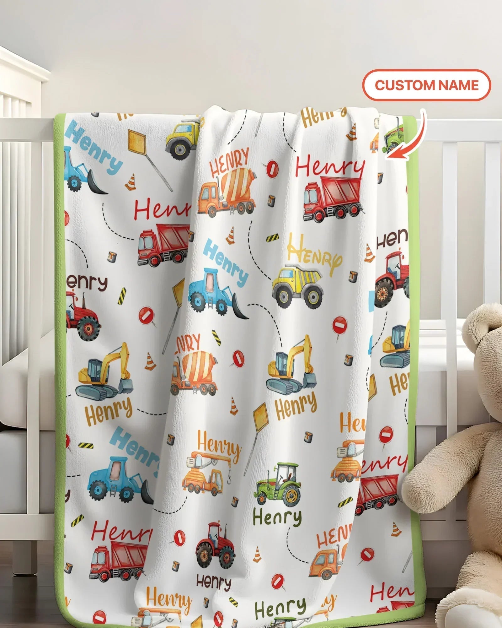 Construction Vehicles Custom Name Bamboo Blanket