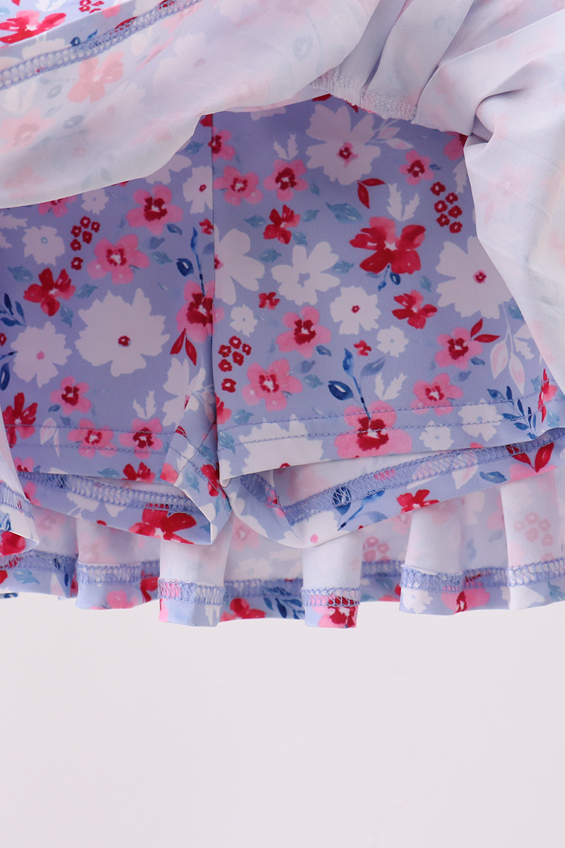 Blue Floral Print Skorts