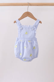 Blue Stripe Seersucker Lemon Embroidery Ruffle Bubble