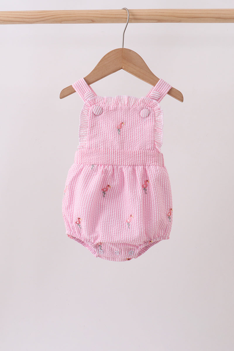 Pink Stripe Seersucker Flamingo Embroidery Ruffle Bubble