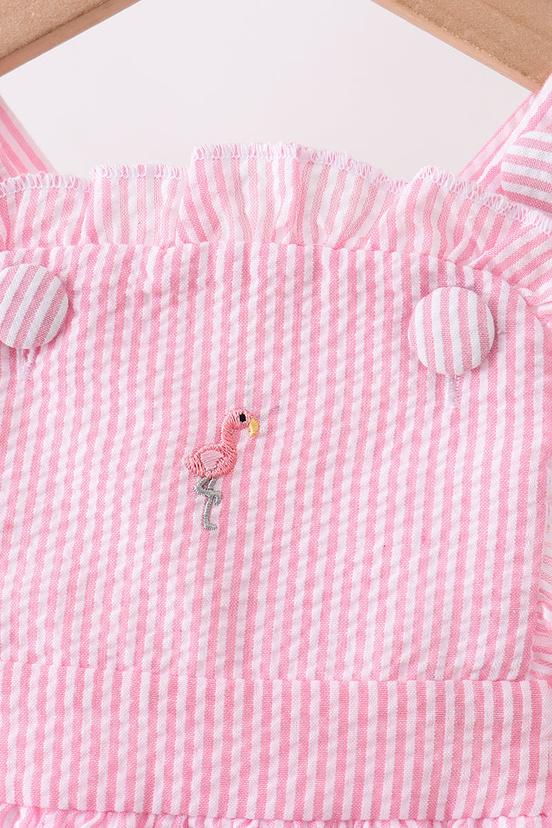 Pink Stripe Seersucker Flamingo Embroidery Ruffle Bubble