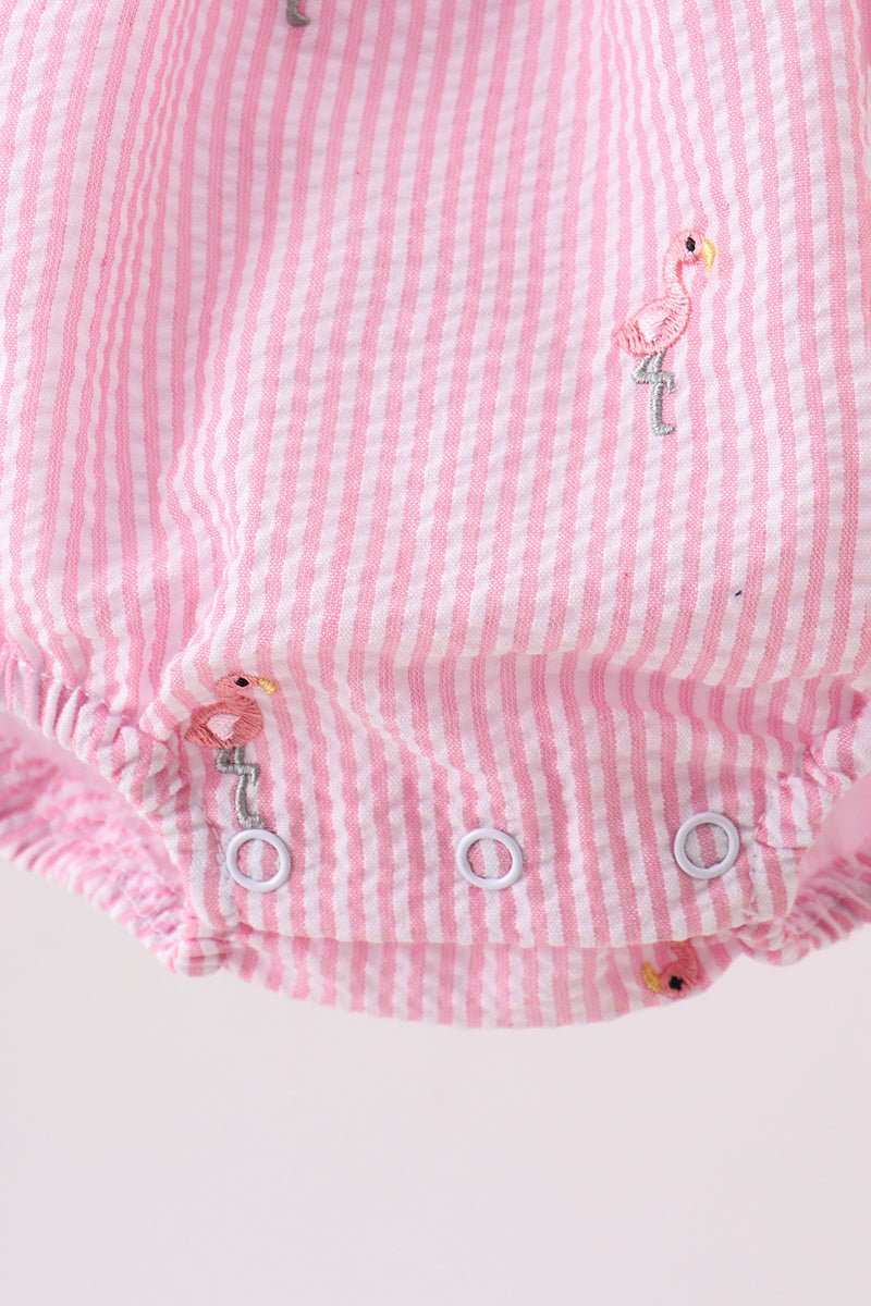 Pink Stripe Seersucker Flamingo Embroidery Ruffle Bubble