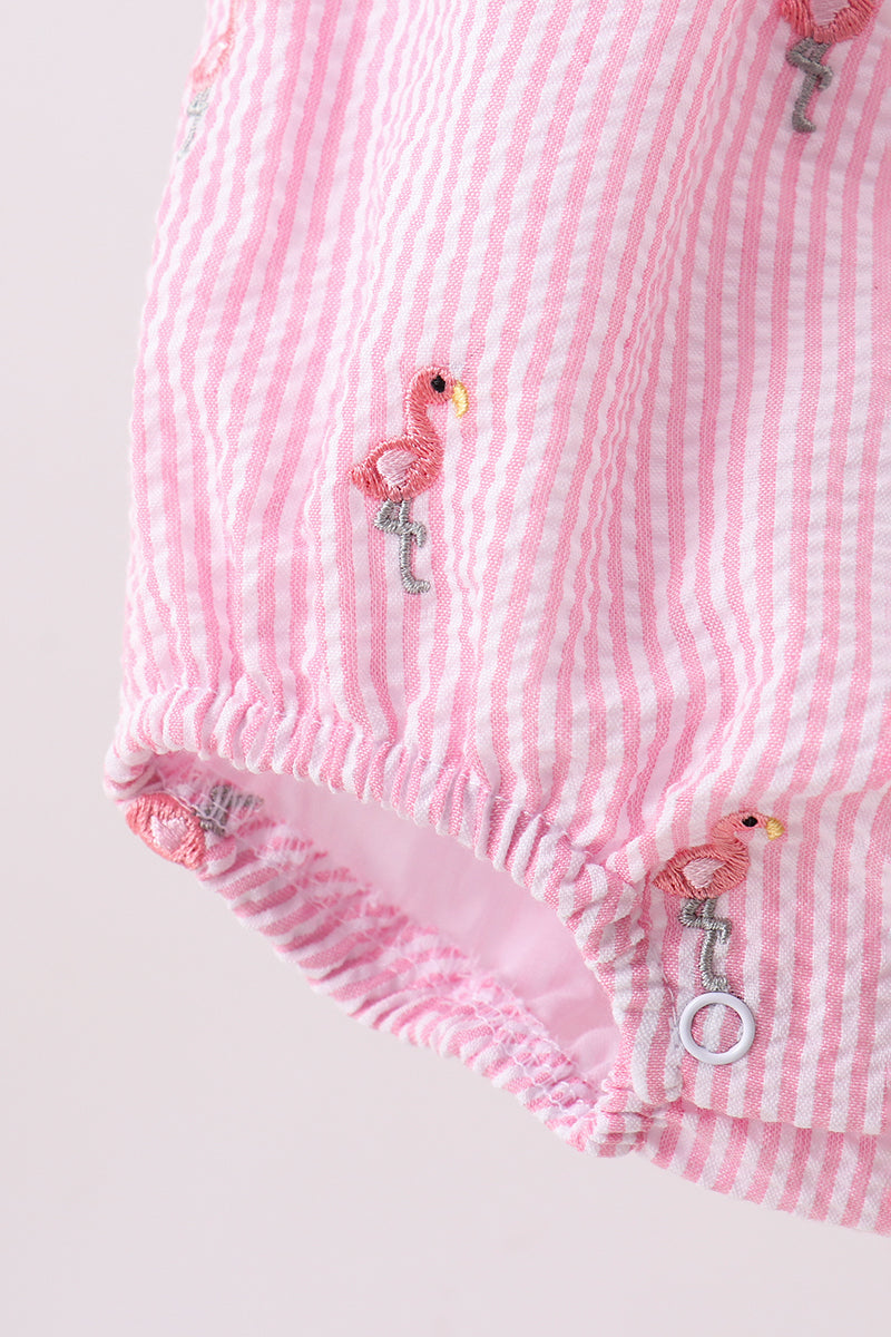 Pink Stripe Seersucker Flamingo Embroidery Ruffle Bubble