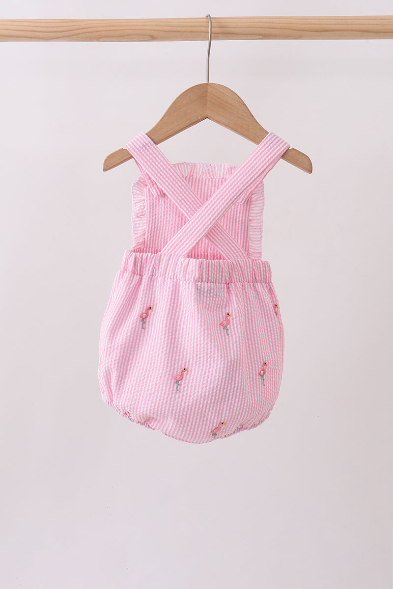 Pink Stripe Seersucker Flamingo Embroidery Ruffle Bubble