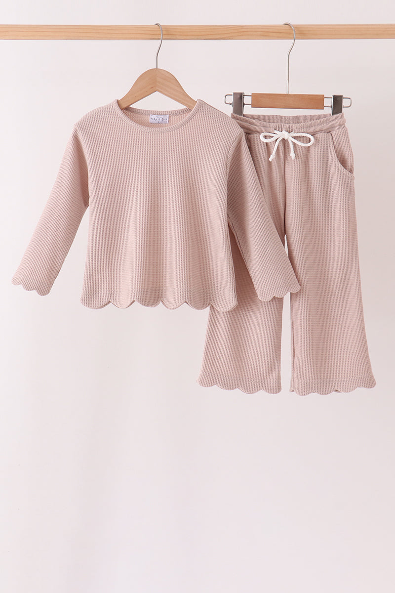 Beige Scalloped Pants Set