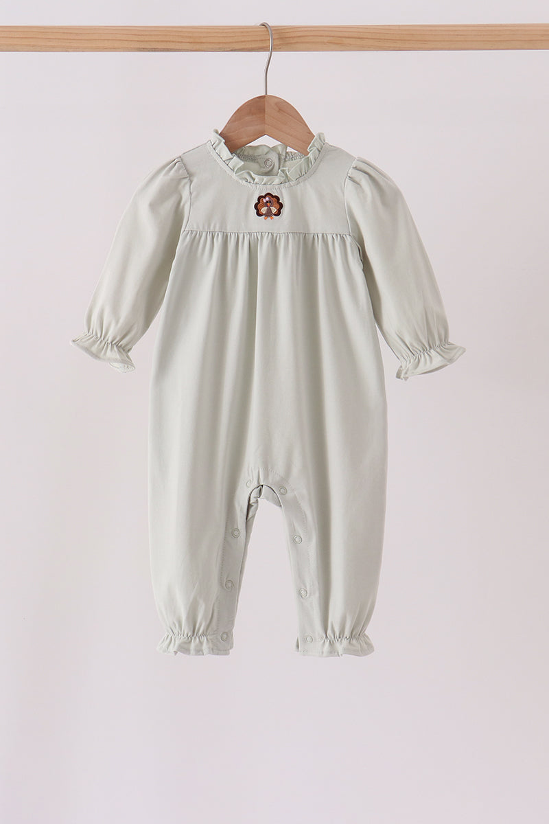 Sage Turkey Embroidery Ruffle Romper