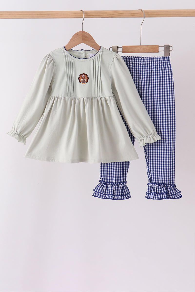 Sage Turkey Embroidery Ruffle Pants Set